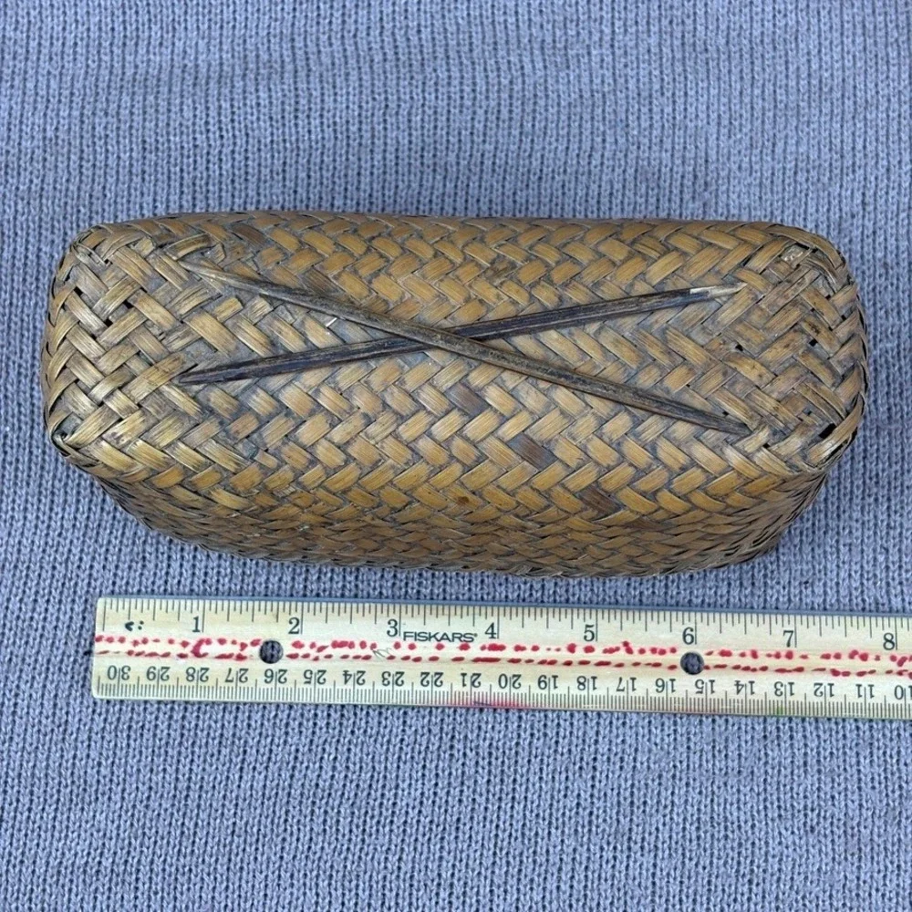 Vintage Woven Rattan Bamboo Storage Basket w Lid‎ Likely Lahu Thai Handcrafted